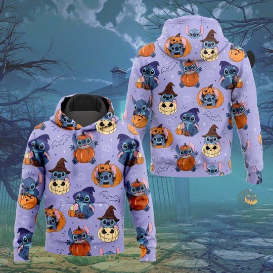 Halloween Stitch 3D Hoodie, Cute Stitch 3D Hoodie, Cartoon Shirt, Disney Halloween Pumpkin Tee, Spooky Season Gift, Disney Trip Tee