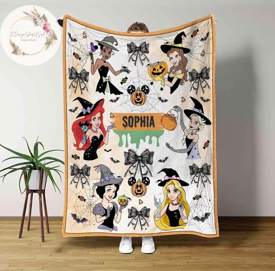 Personalized Coquette Bows Disney Princess Halloween Throw Blanket, Princess Halloween