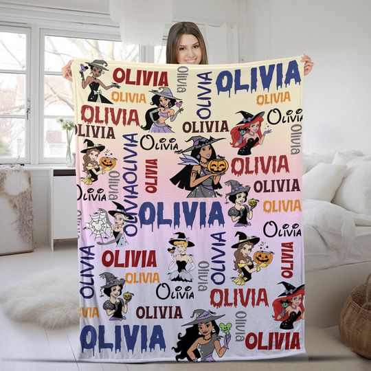 Personalized Disney Princess Halloween Throw Blanket, Spooky Season Disney Princess
