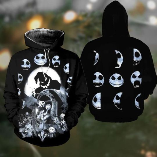 Jack Skellington Moon Halloween 3D Hoodie, Skellington Sally Couple Shirt, Horror Character Pullover Shirt, Disney Cartoon Unisex Hoodie