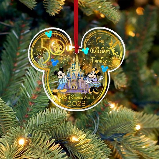 Custom Disney 50th Anniversary Of Magic Mickey Ears 2024 Xmas Led Acrylic Ornament Vintage Mickey Magic Kingdom Merry Christmas Ornament