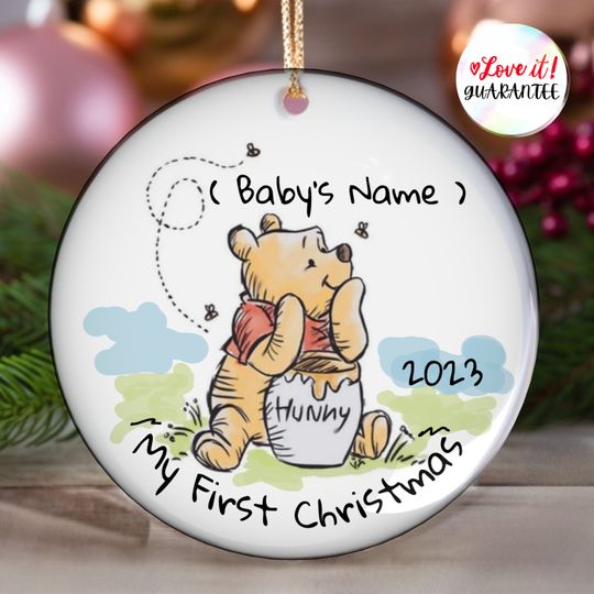 Disney Winnie The Pooh Personalized Ceramic Ornament, Baby's First Christmas. Gifts for Mom, Custom Name and Year, Memories, Gifts Celebrate
