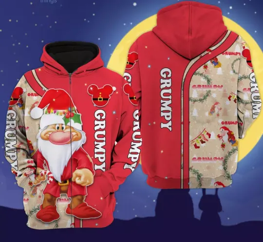 Grumpy Christmas Disney Cartoon 3D Zip Hoodie,Xmas Party Shirt,Holiday Hoodie