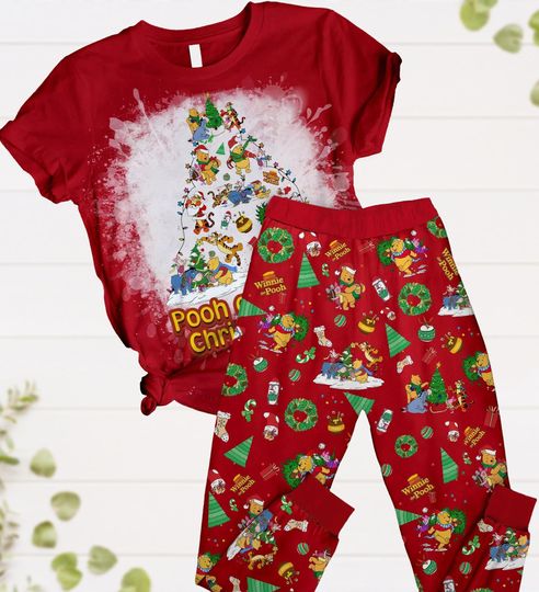 Winnie The Pooh Christmas Tree Pajamas, Pooh And Friends Holiday Pajamas, Pooh Eeyore Tigger Xmas Shirt, Disney Christmas Party Gift