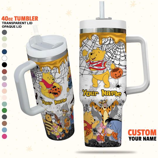 Custom Disney Winnie the Pooh and Friends Pooh Colorful Simple Tumbler, Custom Name Handle Lid Straw Stainless