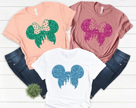 Disney Family Matching Faux Glitter Shirts, Minnie Ear Glitter Effect Shirt, Disneyland Minnie Tshirt, Cute Ear Tee, Disney Shirt for Women