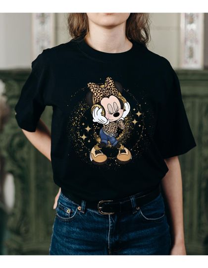 Leopard Minnie Glitter Effects Shirt, Disney Shirt, Minnie Safari Shirt, Checkered Minnie Shirt, Woman Minnie Shirt, Woman Disney Shirt