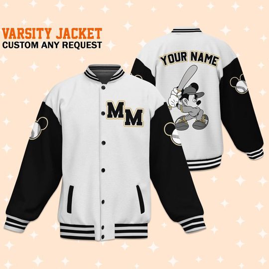 Personalize Disney Mickey Black Grey, Adult Varsity Jacket, Personalized Disney Jacket