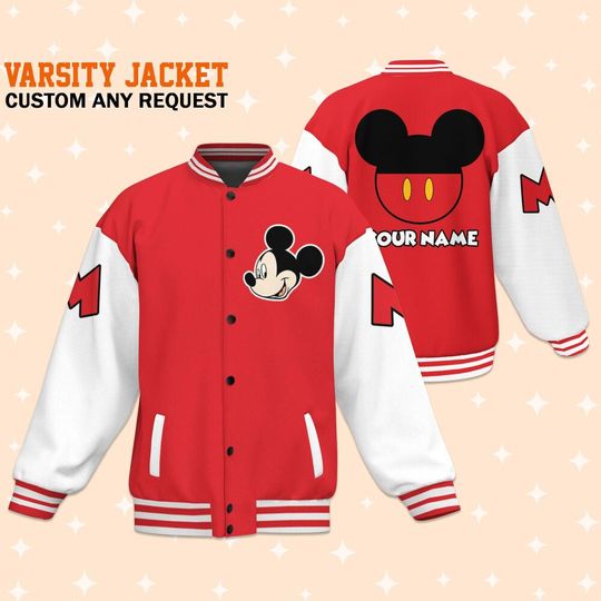 Personalize Disney Mickey Red And White, Adult Varsity Jacket, Personalized Disney Jacket