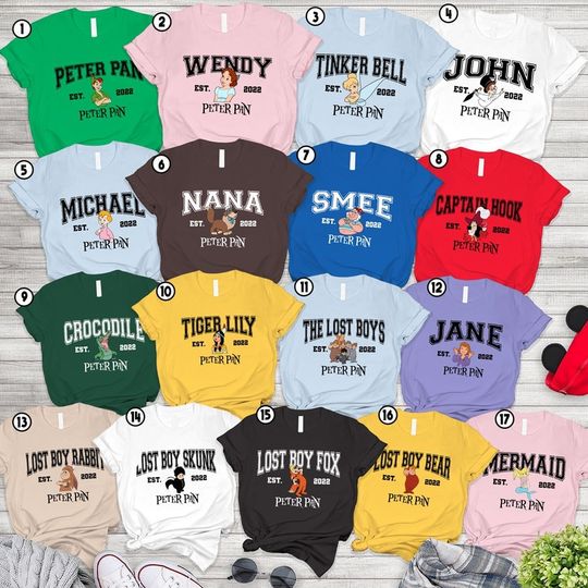 Disneyland Peter Pan Characters Group Shirts, Peter Pan Friends Shirts