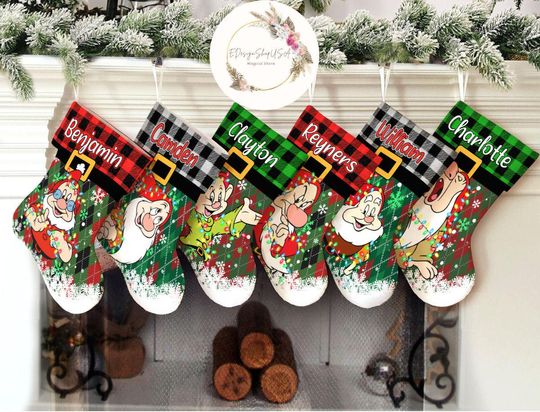 All Disney characters Buffalo Plaid Disney Snow White and the Seven Dwarfs Christmas Stockings With Name, 7 Dwarfs Xmas stocking Gift