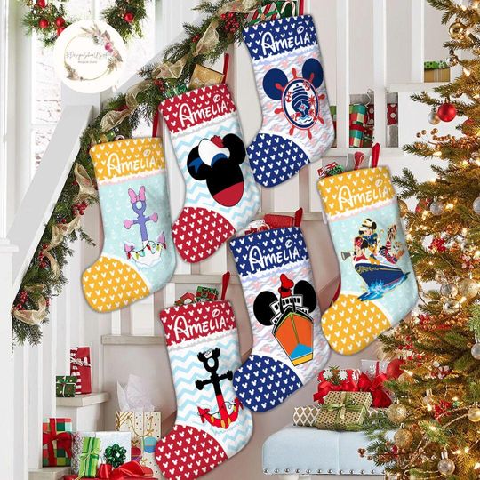 Personalized Mickey and Friends Anchor Cruise Ship Disney Christmas Cruise Stockings With Name, Disney Cruise Family Christmas Trip 2024