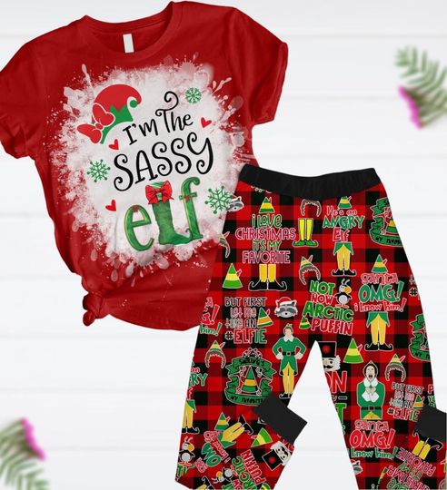 Christmas Elf Pajamas Set, Elf T-Shirt And Pants, I'm The Sassy Elf Tee, Xmas Movie 90s, Disneyland Vacation Family Matching Trip Gift