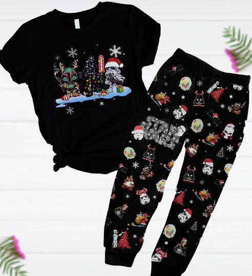 Christmas Star Wars Pajamas Set, Darth Vader Stormtrooper Boba Fett T-Shirt And Pants, Disney Movie Pajamas Family, Star Wars Fan Gift