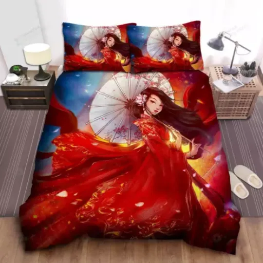 Disney Princess Mulan In Red Hanfu Illustration Quilt Duvet Cover Set Pillowcase