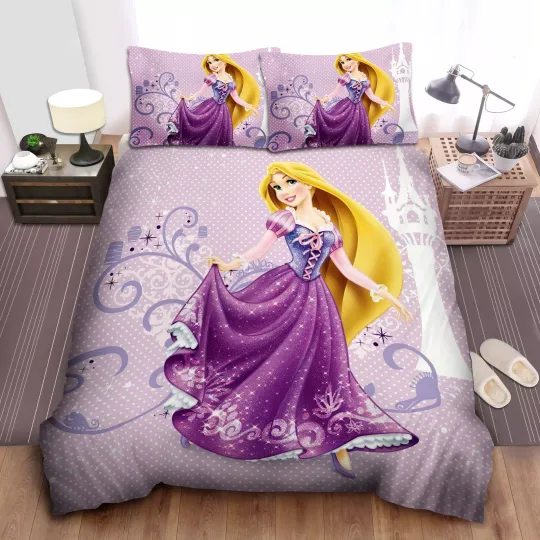 Disney Princess Rapunzel Bedding Set: Sparkling Purple Dress Duvet Cover & Sheet