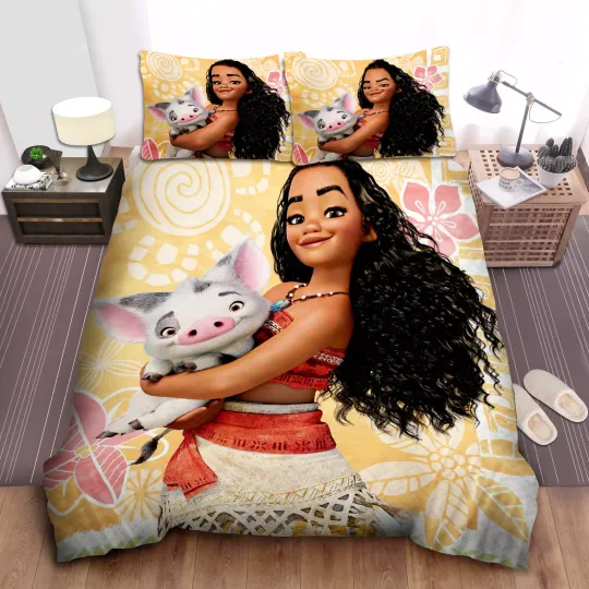Disney Princess Moana Bedding Set: Cute Pig Duvet Cover, Bed Sheet Spread & Comf