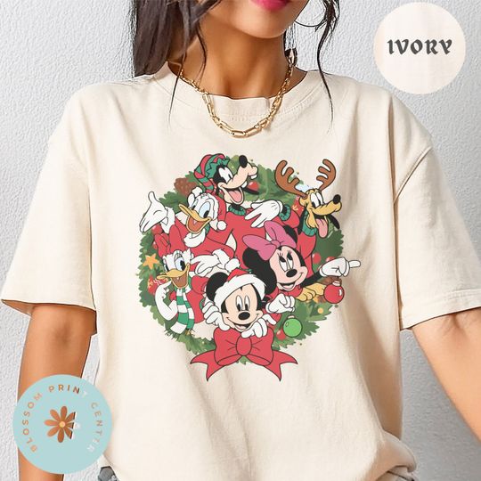 Disney Mickey and Friends Merry Christmas Wreath Shirt, Retro Disney Christmas Shirt
