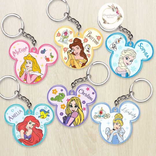 Personalized Disney Princess Keychain, Mickey Ears Disney Princess Birthday Girl Gift, WDW Disneyland Girl Trip Keychain, Cinde Belle