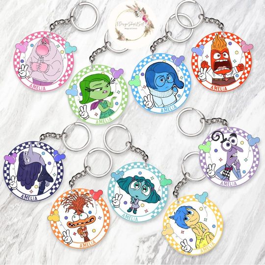Personalized Disney Inside Out Keychain, Inside Out 2 Movie Checkered Birthday Gift, WDW Disneyland Family Vacation 2024, Joy Anxiety Envy