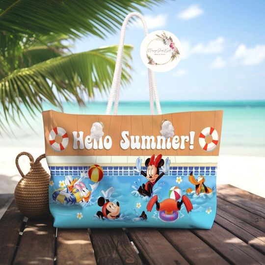 Personalized Mickey and Friends Hello Summer Disney Weekender Bag, Best Summer Beach Pool Bag, WDW Disneyland Family Trip, Disney Cruise Bag