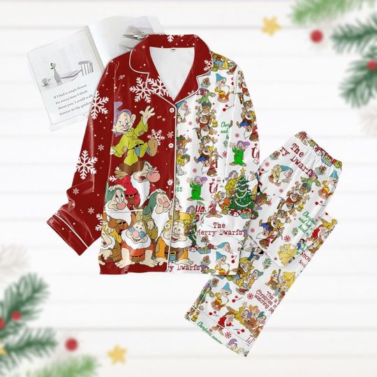 Snow White And Seven Dwarfs Pajamas Set, Disney Princess Christmas Pajamas, Disneyland Dopey Grumpy Merry Xmas Pjs, Long Sleeve Pyjamas
