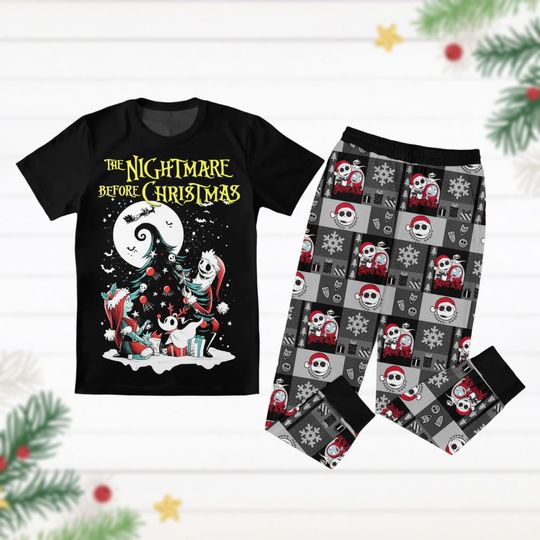 Jack And Sally Christmas Pajamas Set, The Nightmare Before Christmas Holiday Pajamas, Santa Jack Skellington Tee, Disney Pajamas Pants