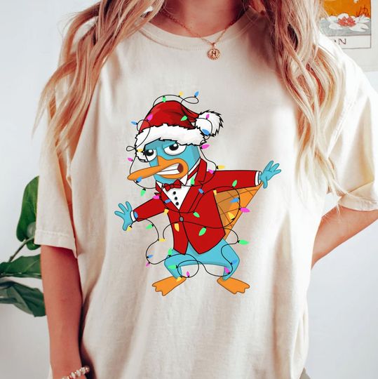 Funny Santa Perry the Platypus Christmas Lights T-shirt, Disney Phineas And Ferb Characters Xmas Tee