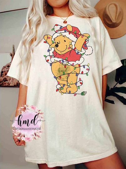 Cute Winnie The Pooh Santa Christmas Light T-shirt, Disney Eeyore Piglet Tigger Xmas Tee