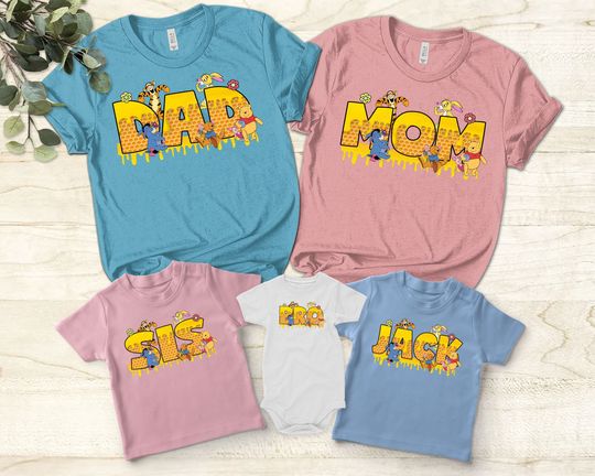 Winnie The Pooh Birthday Unisex T-shirt, Disney Family Matching Shirt, Custom Dad Mom Name Pooh and Friends Shirt