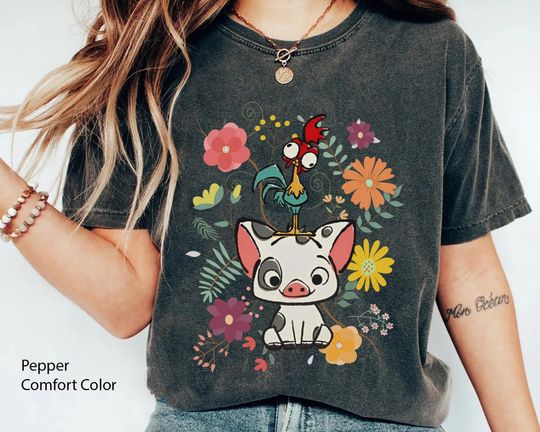 Retro 70s Pua And Hei Hei Floral T-shirt, Disney Moana Shirt