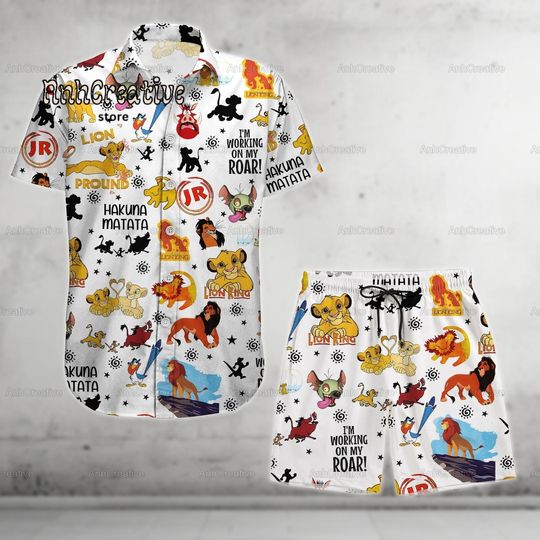 Disney The Lion King Button Shirt And Shorts, Simba Timon Pumbaa Scar Mufasa Characters Hawaiian Shirt