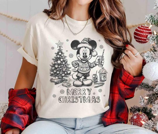 Vintage Retro Merry Christmas Mickey Mouse Shirt, Disney Christmas Shirt, Christmas Family Shirt, Mickey Sketch Shirt, Christmas Gift
