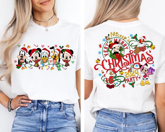 2-Sided Mickey's Very Merry Christmas Party 2024 Shirt, Disney Santa Mickey And Friends Group Christmas Lights Shirt, Disneyland Xmas Tee