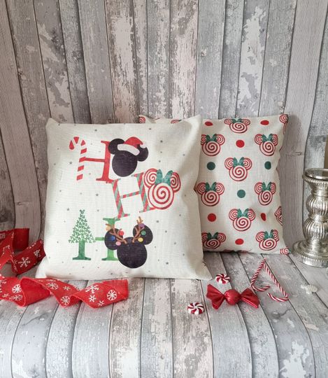 Disney double-sided Christmas cushion  quote " HO HO HO " mickey ears Santa hat tree candy cane cushion throw pillow cover decoration gift