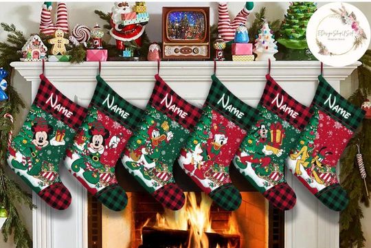 Personalized Mickey and Friends Elf Santa Red Green Disney Christmas Stockings With Name