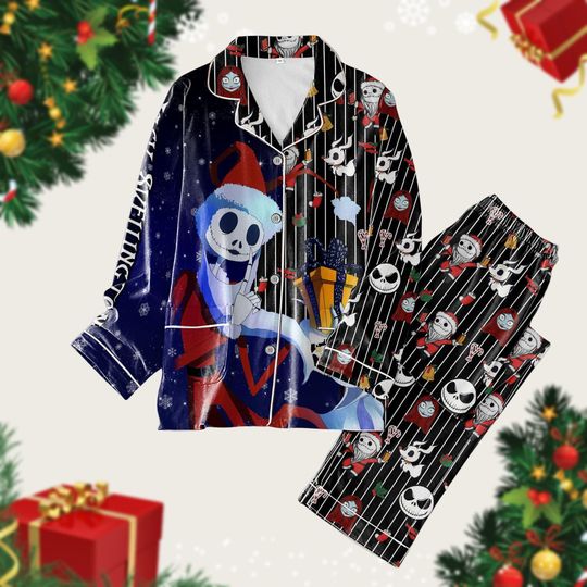 Christmas Jack Skellington Pajamas Set, Nightmare Before Christmas Movie, Skeleton Santa Hat Pj Set Women, Disney Movie Holiday Pajamas