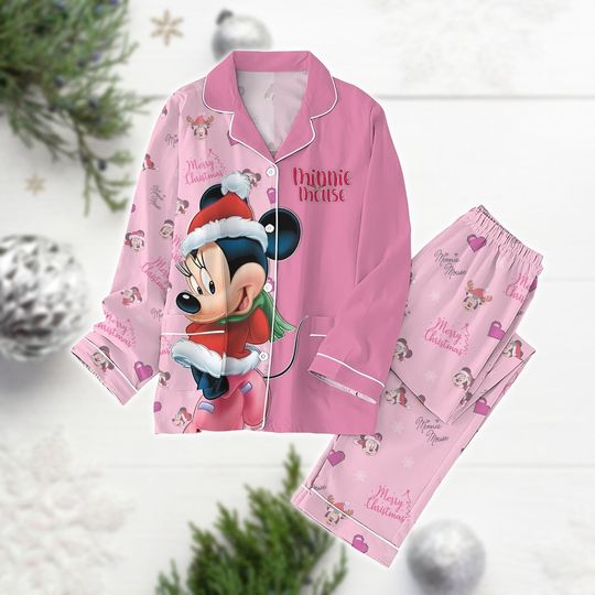 Minnie Christmas Pajamas Set, Disney Cartoon Xmas Pj Set Pants, Minnie Mouse Girls