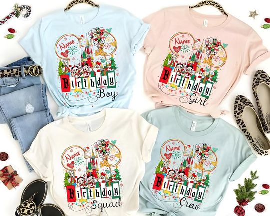 Personalized Disney Christmas Family Birthday Shirt, Mickey and Friends Christmas Birthday Party 2024