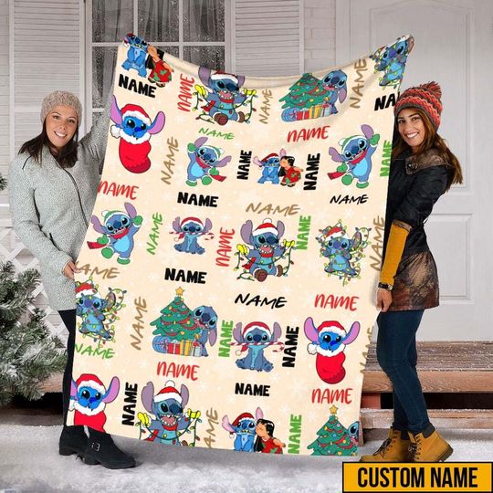 Custom Name Christmas Stitch Throw Blanket, Disney Stitch Throw Blanket, Stitch Birthday Gifts