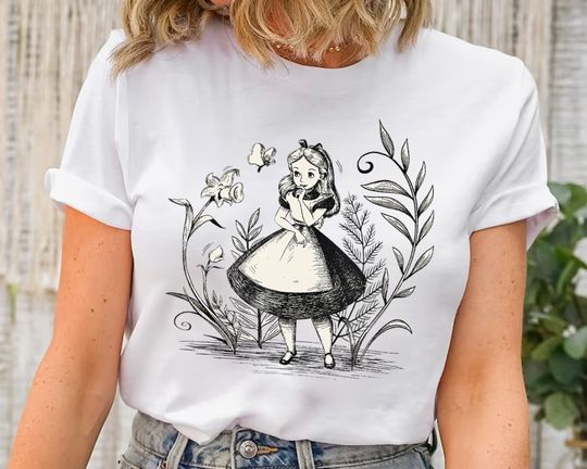 Disney Alice in Wonderland Portrait Sketch Retro Shirt, Magic Kingdom Holiday Unisex T-shirt Family Birthday Gift