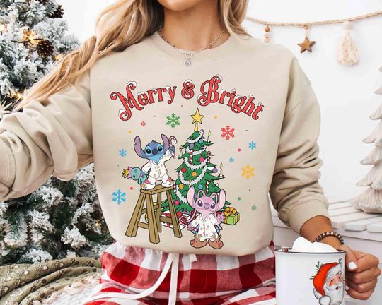 Cute Stitch and Angel Merry & Bright Christmas Sweatshirt, Disney Lilo Stitch Xmas Sweatshirt