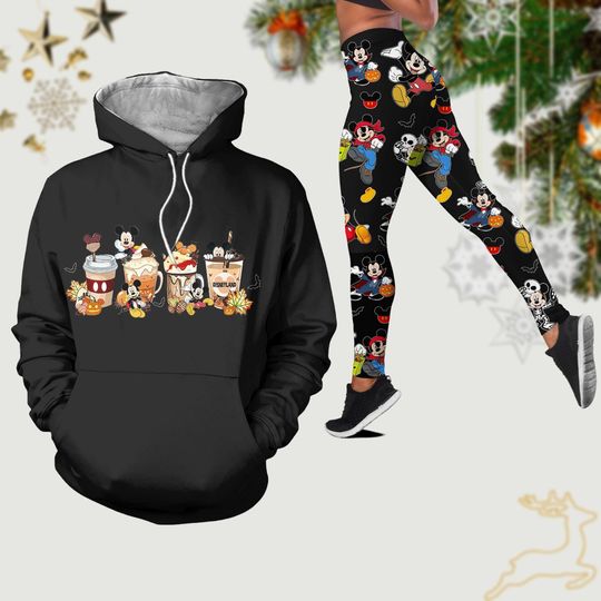 Mickey Christmas Hoodie Legging, Disney Cartoon Xmas Shirt, Mickey Coffee Drink Yoga Pants