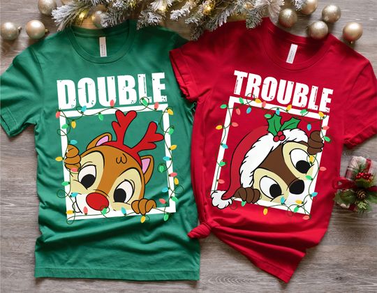 Disney Santa Chip And Dale Christmas Lights Shirt, Double Trouble Christmas Couple Shirt