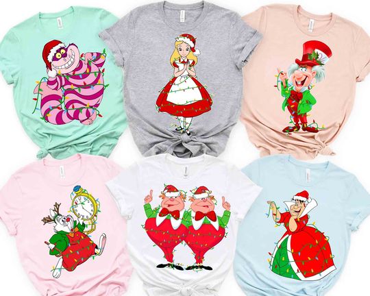 Disney Alice in Wonderland Group Christmas Lights Shirt, Santa Alice Cheshire