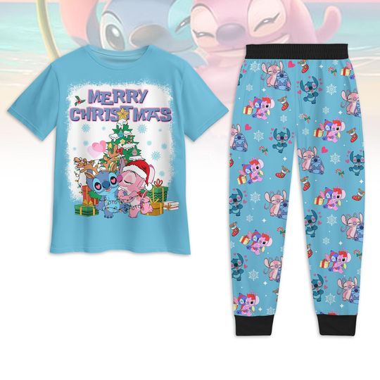 Stitch And Angel T-Shirt And Pajamas Pants, Christmas Tree Shirt, Disney Christmas Pajamas Set, Xmas Party Gift