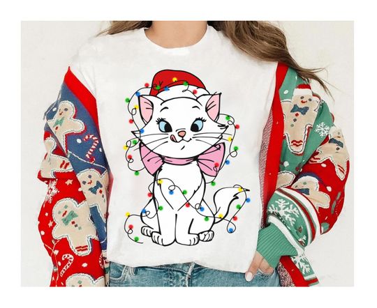 Disney Santa Marie Cat Christmas Lights Shirt, The Aristocats Marie Christmas Tee
