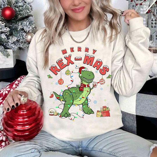 Disney Toy Story Merry Rex-Mas Christmas Lights Sweatshirt, Santa Rex Christmas Costume Sweatshirt