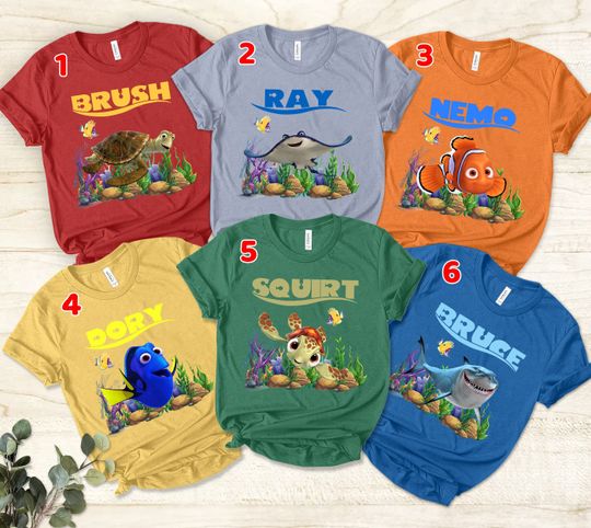 Disney Finding Nemo Unisex T-Shirt, Finding Dory Shirt, Disney Characters Tee, Marlin Dory Crush Ray Nemo Brush Bruce Squirt