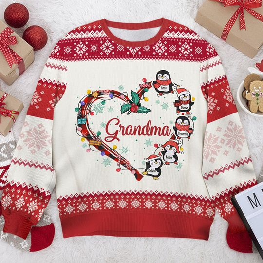 Grandma's Little Penguins - Personalized Custom Unisex Ugly Christmas Sweatshirt -  Gift For Grandma, Grandparents